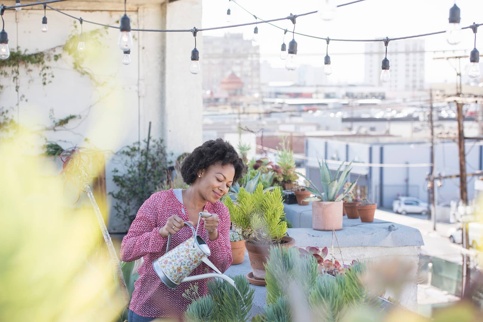 Woman watering her rooftop garden