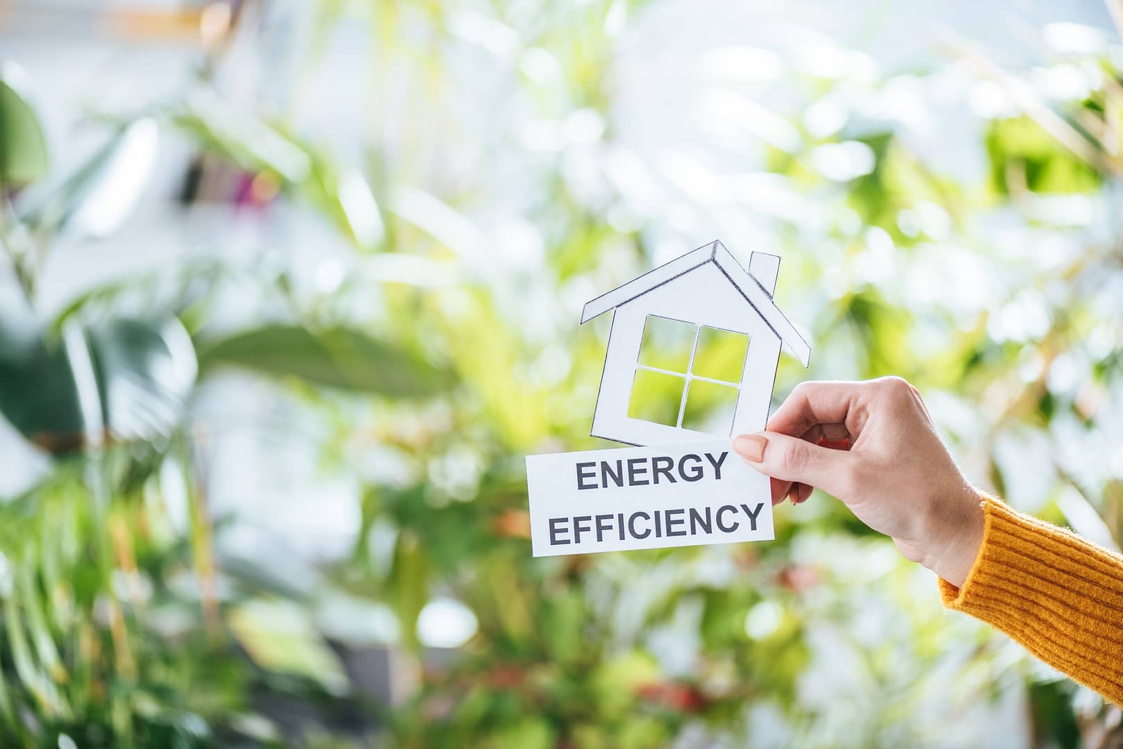 selective focus of woman holding paper house and card with lettering, energy efficiency at home