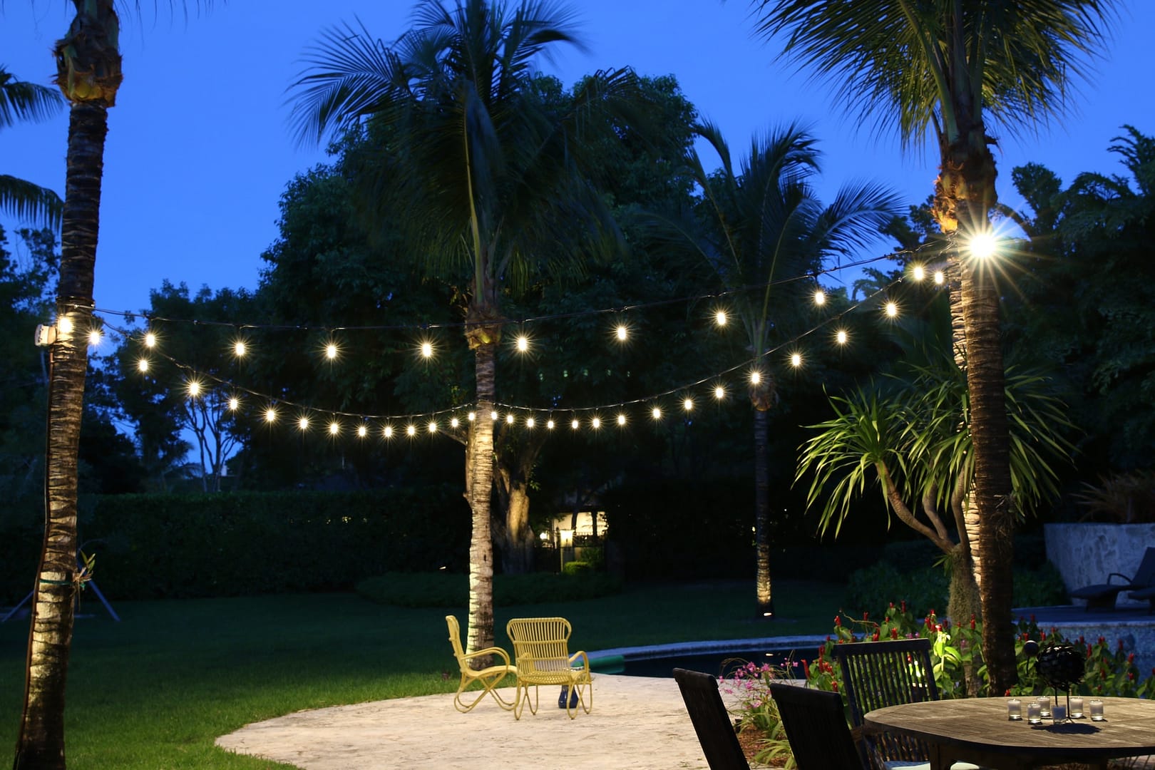 A backyard at night with cafe lights around palm trees and outdoor seating