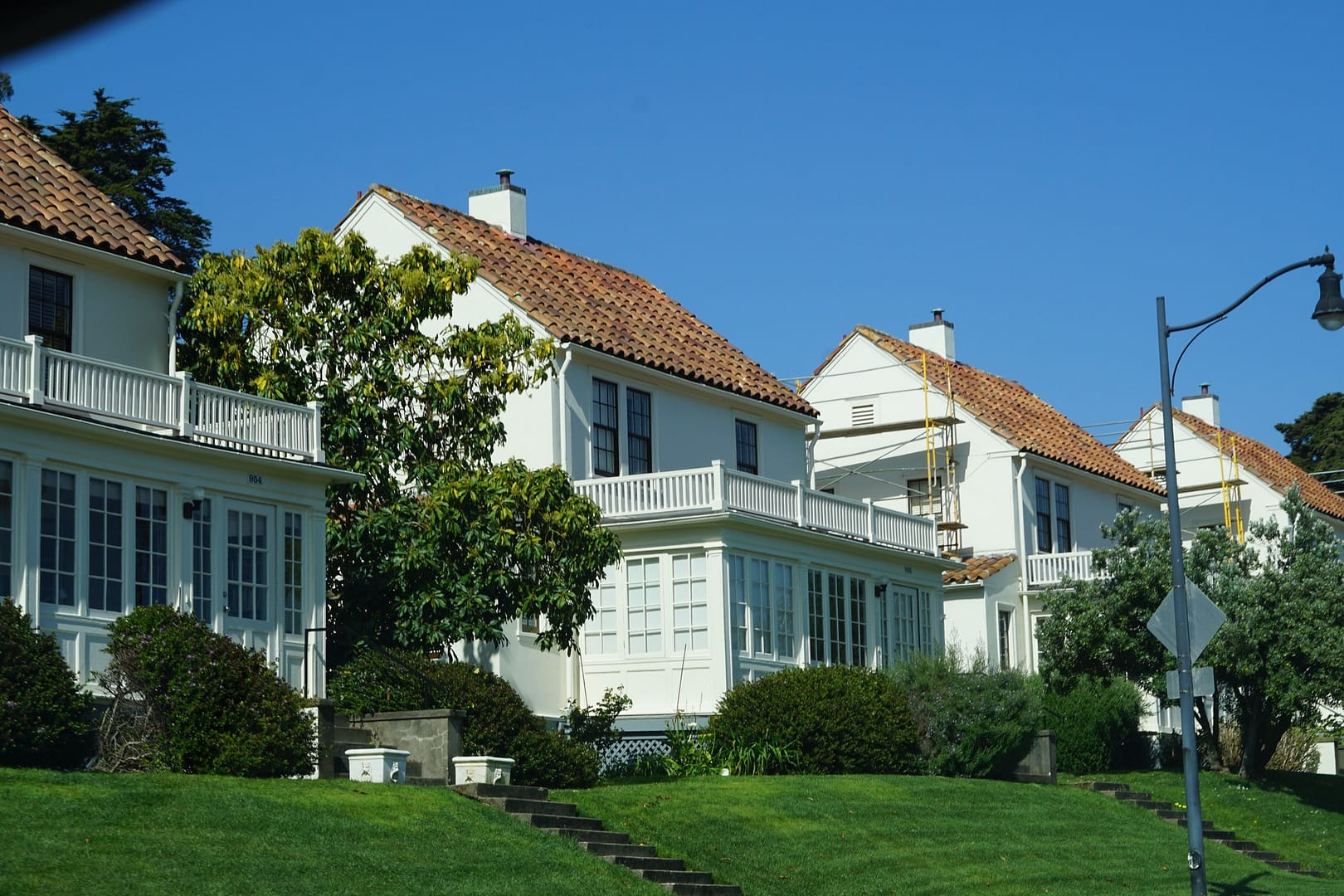 Row of historic homes all painted white