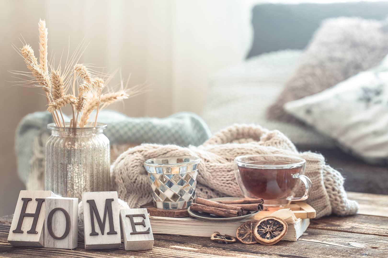 Still life details of home interior on a wooden table